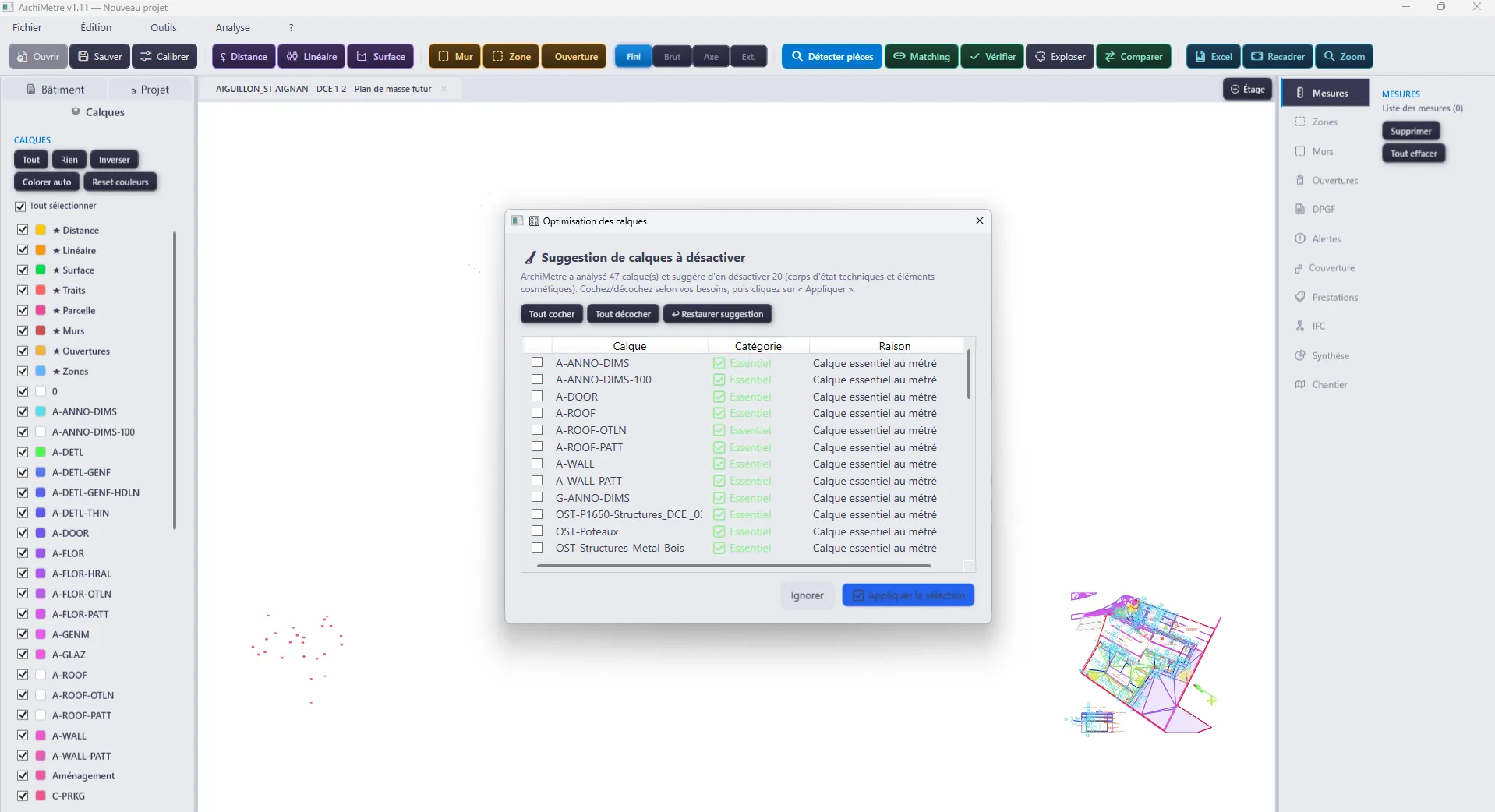 L'interface de Cubatys Métré sur un plan DWG : calques, mesures et détection