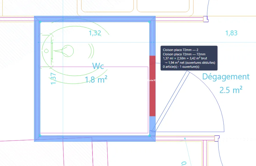 Mesure d'un mur dans Cubatys Métré : 3,42 m² brut, 1,94 m² net, ouvertures déduites